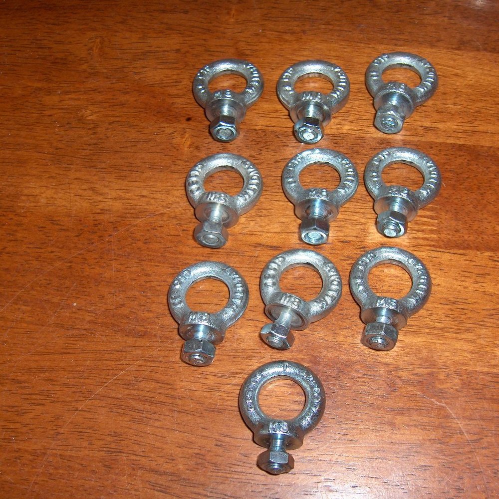 Eyebolts M-8, Lot of 10 with nuts. 1/2" tgread stem, 3/4" opening